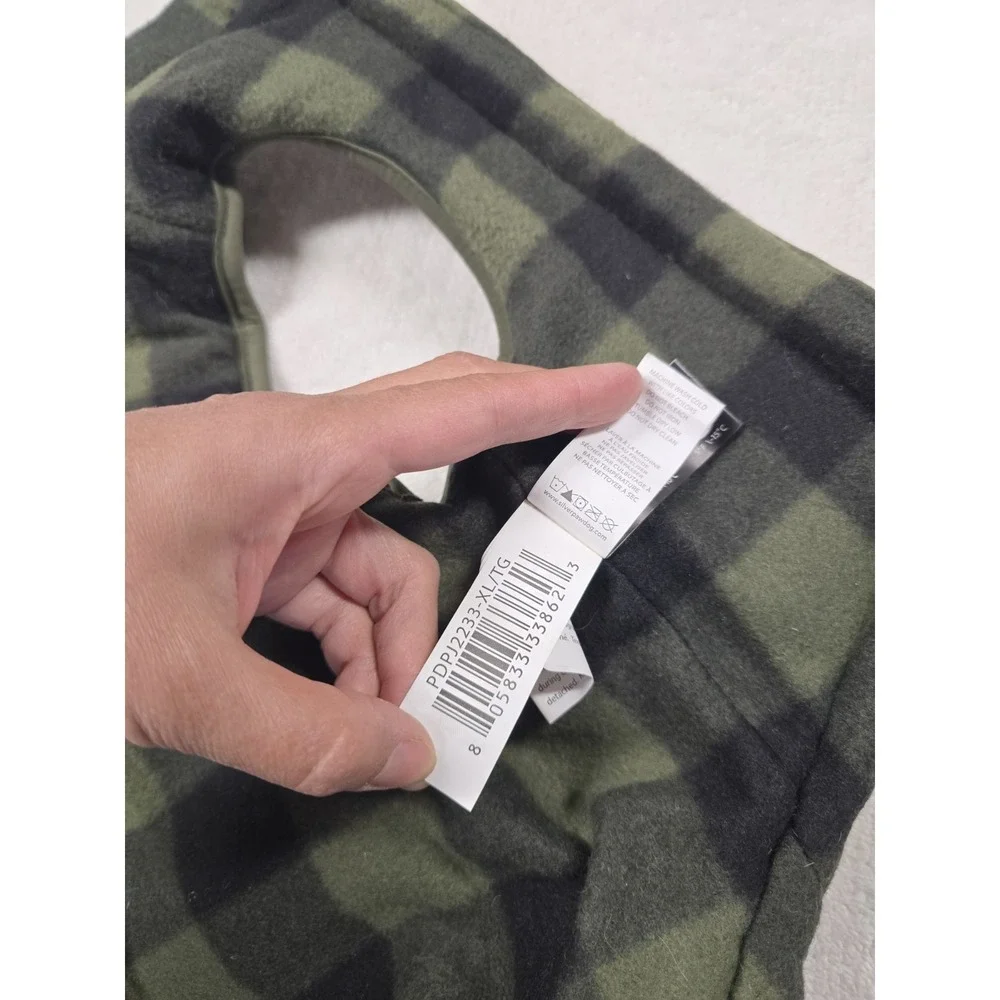 Winter Dog Vest with Hood - Green Moose Pattern, Plaid Fleece Lined, Size XL...